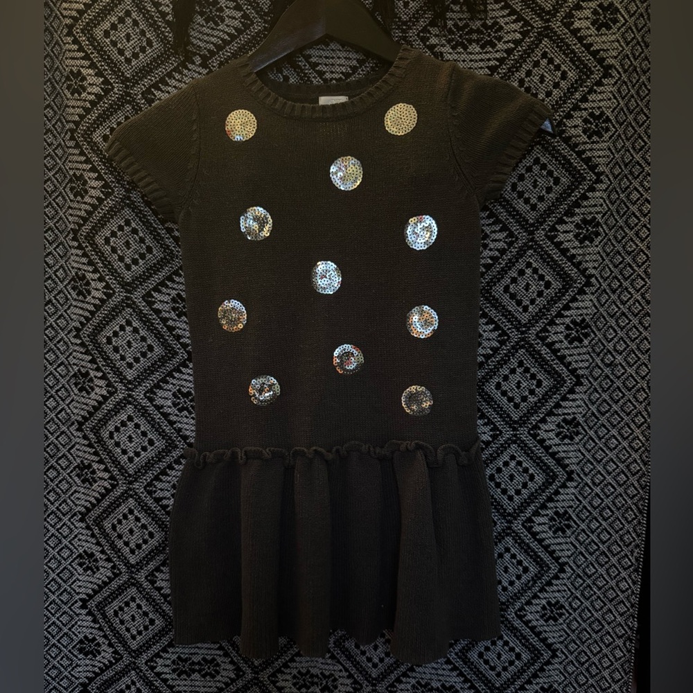 Girls Knit Sweater Dress With Silver Sequin Polka Dots